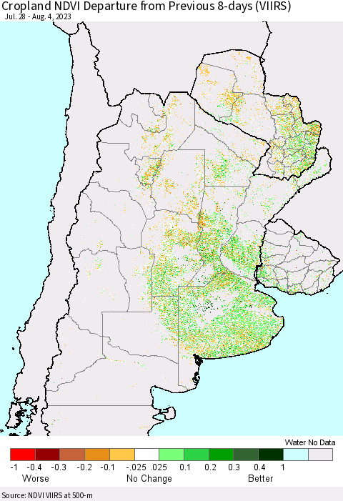 Southern South America Cropland NDVI Departure from Previous 8-days (VIIRS) Thematic Map For 7/28/2023 - 8/4/2023