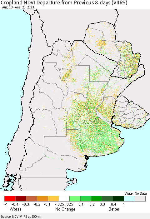 Southern South America Cropland NDVI Departure from Previous 8-days (VIIRS) Thematic Map For 8/13/2023 - 8/20/2023
