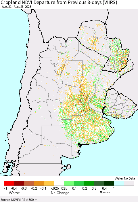 Southern South America Cropland NDVI Departure from Previous 8-days (VIIRS) Thematic Map For 8/21/2023 - 8/28/2023