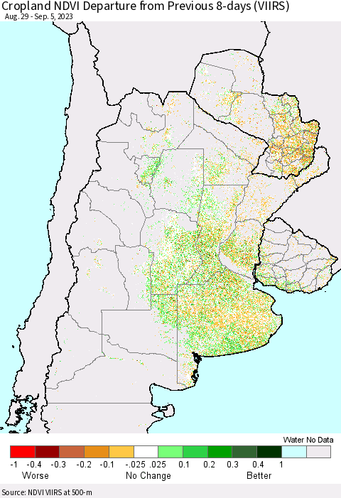 Southern South America Cropland NDVI Departure from Previous 8-days (VIIRS) Thematic Map For 8/29/2023 - 9/5/2023
