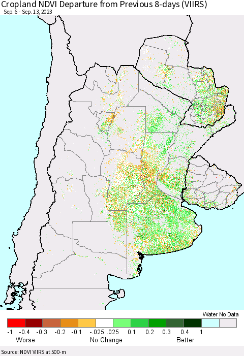 Southern South America Cropland NDVI Departure from Previous 8-days (VIIRS) Thematic Map For 9/6/2023 - 9/13/2023