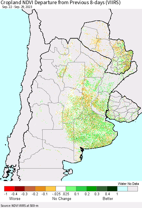 Southern South America Cropland NDVI Departure from Previous 8-days (VIIRS) Thematic Map For 9/22/2023 - 9/29/2023
