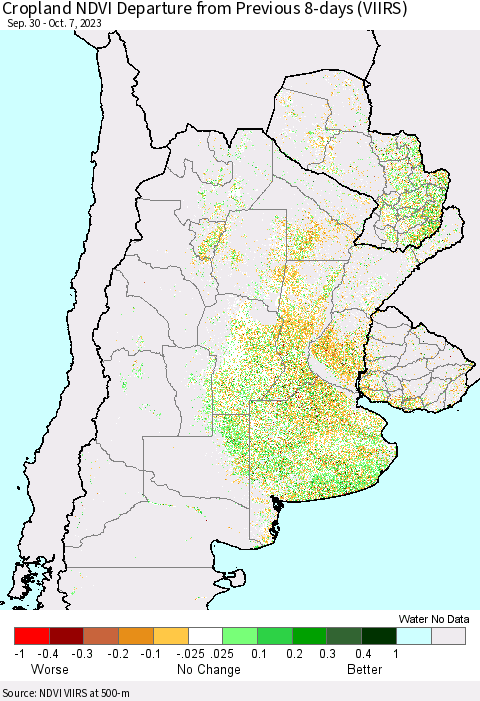 Southern South America Cropland NDVI Departure from Previous 8-days (VIIRS) Thematic Map For 9/30/2023 - 10/7/2023