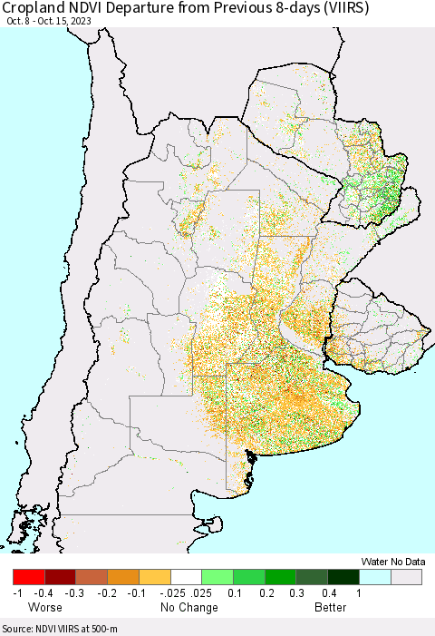 Southern South America Cropland NDVI Departure from Previous 8-days (VIIRS) Thematic Map For 10/8/2023 - 10/15/2023