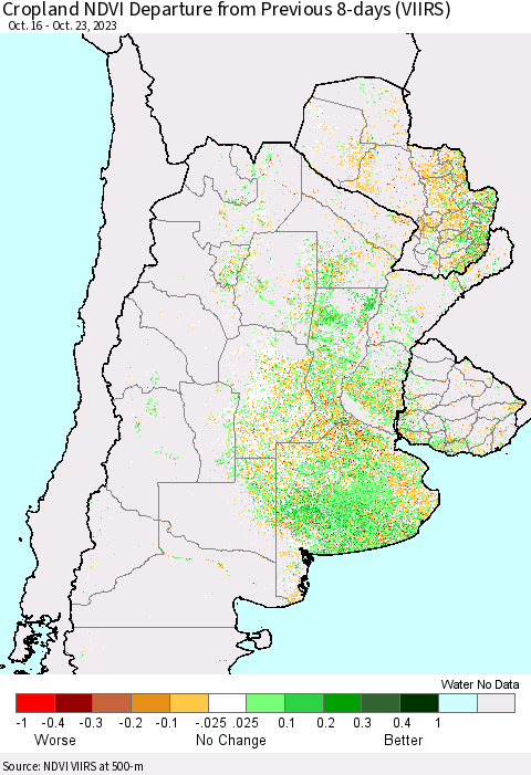 Southern South America Cropland NDVI Departure from Previous 8-days (VIIRS) Thematic Map For 10/16/2023 - 10/23/2023