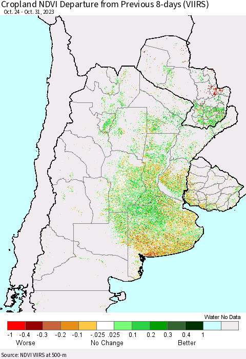 Southern South America Cropland NDVI Departure from Previous 8-days (VIIRS) Thematic Map For 10/24/2023 - 10/31/2023