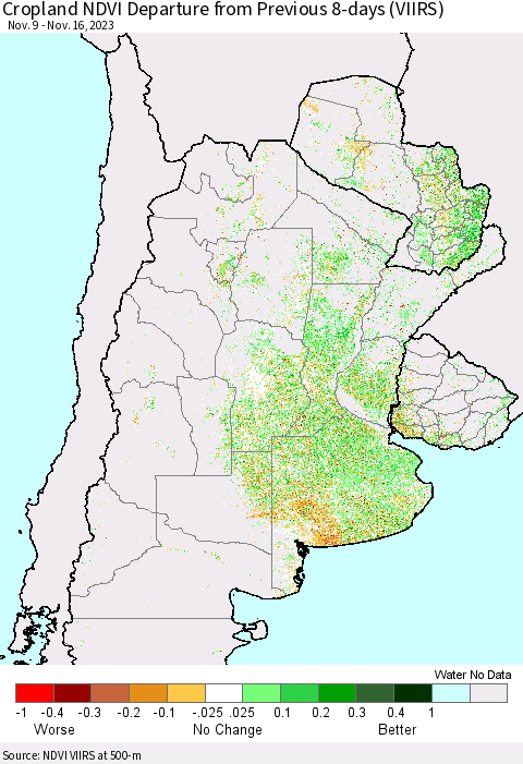 Southern South America Cropland NDVI Departure from Previous 8-days (VIIRS) Thematic Map For 11/9/2023 - 11/16/2023