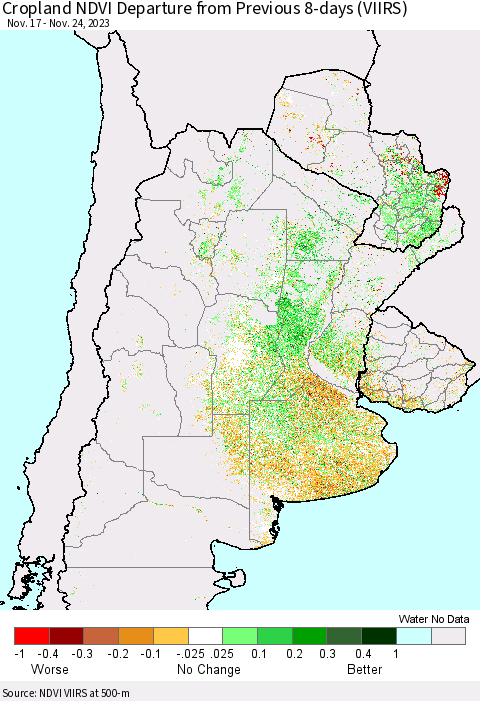 Southern South America Cropland NDVI Departure from Previous 8-days (VIIRS) Thematic Map For 11/17/2023 - 11/24/2023