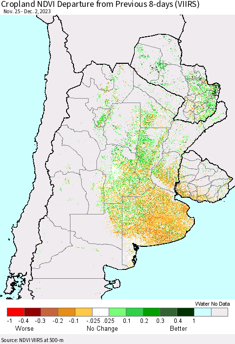 Southern South America Cropland NDVI Departure from Previous 8-days (VIIRS) Thematic Map For 11/25/2023 - 12/2/2023