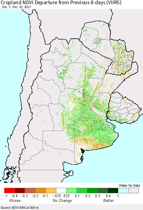 Southern South America Cropland NDVI Departure from Previous 8-days (VIIRS) Thematic Map For 12/3/2023 - 12/10/2023