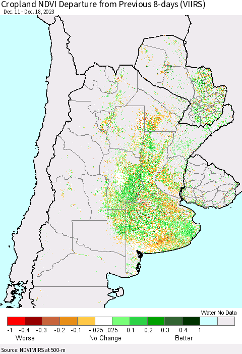 Southern South America Cropland NDVI Departure from Previous 8-days (VIIRS) Thematic Map For 12/11/2023 - 12/18/2023