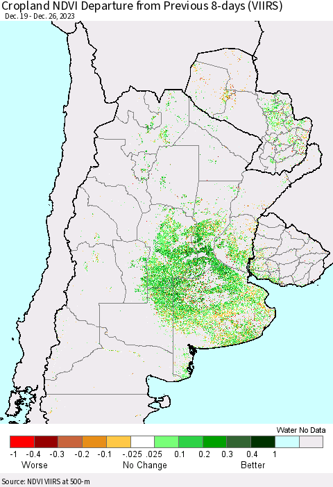 Southern South America Cropland NDVI Departure from Previous 8-days (VIIRS) Thematic Map For 12/19/2023 - 12/26/2023