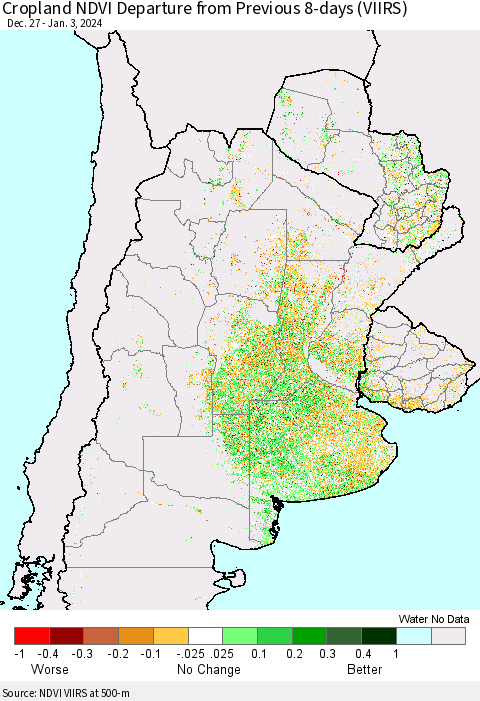 Southern South America Cropland NDVI Departure from Previous 8-days (VIIRS) Thematic Map For 12/27/2023 - 1/3/2024