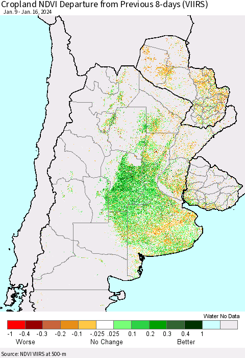 Southern South America Cropland NDVI Departure from Previous 8-days (VIIRS) Thematic Map For 1/9/2024 - 1/16/2024