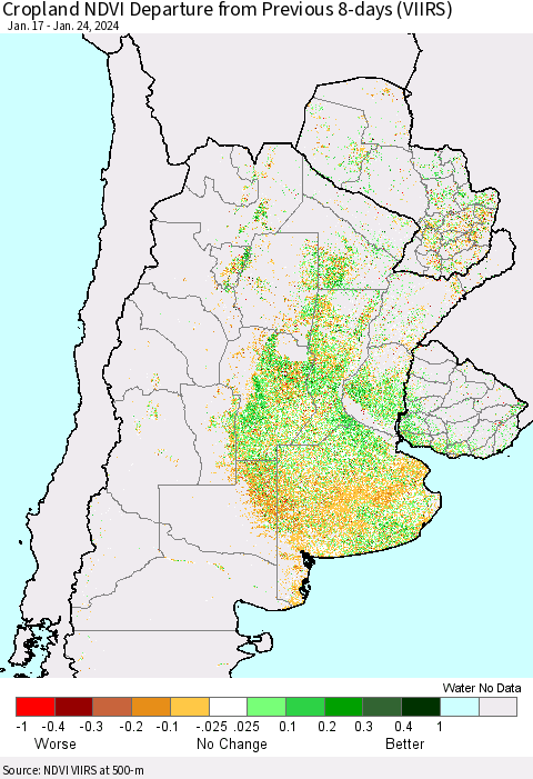 Southern South America Cropland NDVI Departure from Previous 8-days (VIIRS) Thematic Map For 1/17/2024 - 1/24/2024