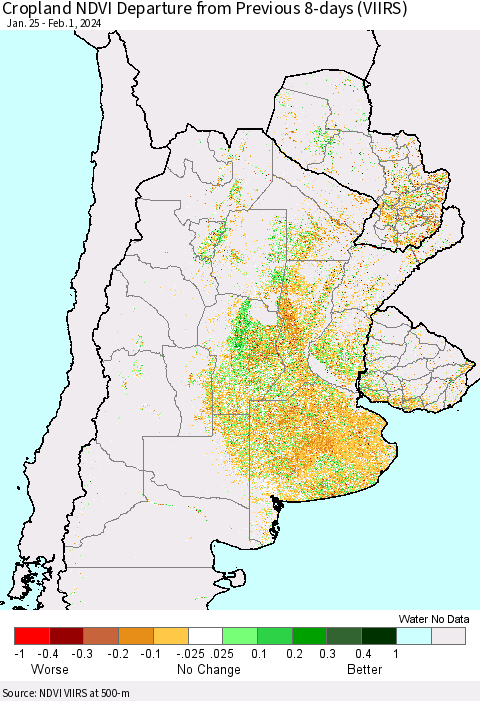 Southern South America Cropland NDVI Departure from Previous 8-days (VIIRS) Thematic Map For 1/25/2024 - 2/1/2024