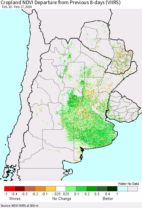 Southern South America Cropland NDVI Departure from Previous 8-days (VIIRS) Thematic Map For 2/10/2024 - 2/17/2024