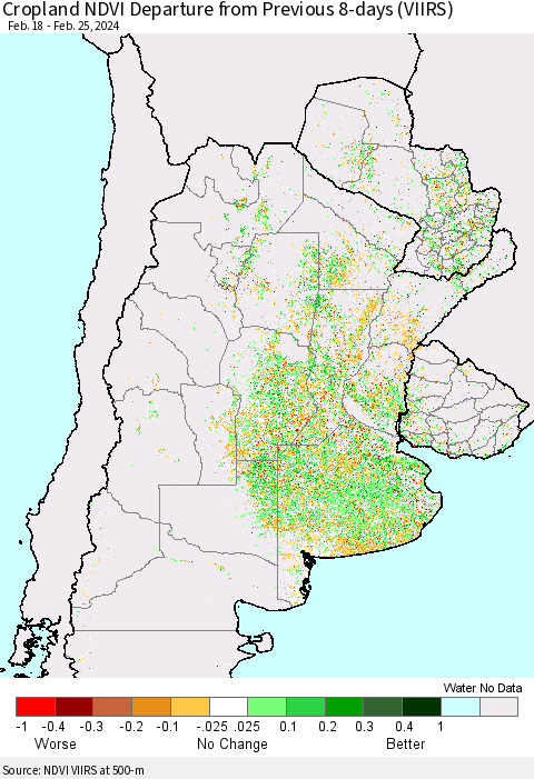 Southern South America Cropland NDVI Departure from Previous 8-days (VIIRS) Thematic Map For 2/18/2024 - 2/25/2024
