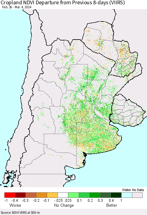 Southern South America Cropland NDVI Departure from Previous 8-days (VIIRS) Thematic Map For 2/26/2024 - 3/4/2024