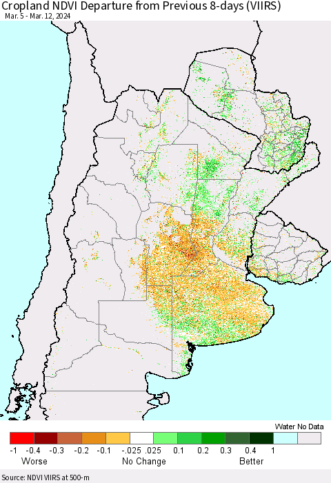 Southern South America Cropland NDVI Departure from Previous 8-days (VIIRS) Thematic Map For 3/5/2024 - 3/12/2024