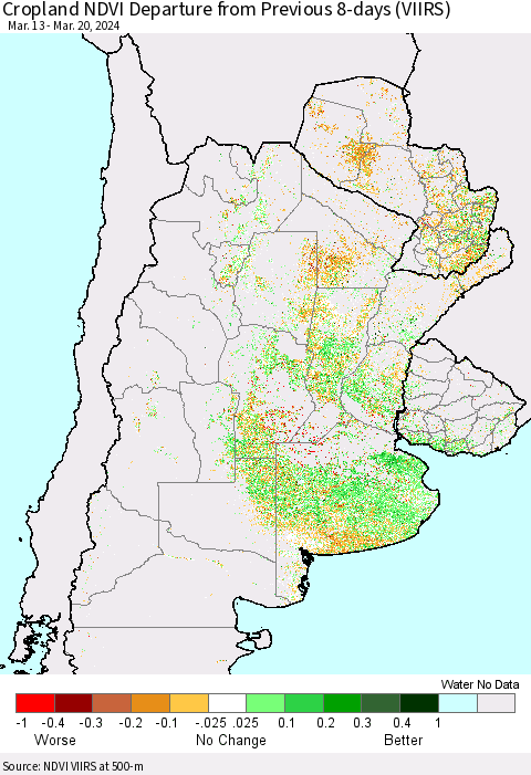 Southern South America Cropland NDVI Departure from Previous 8-days (VIIRS) Thematic Map For 3/13/2024 - 3/20/2024