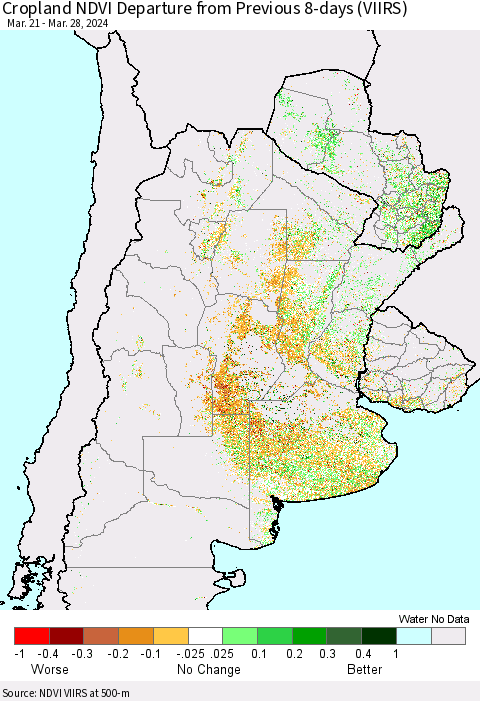 Southern South America Cropland NDVI Departure from Previous 8-days (VIIRS) Thematic Map For 3/21/2024 - 3/28/2024