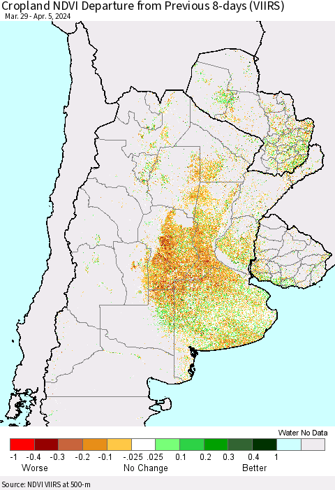 Southern South America Cropland NDVI Departure from Previous 8-days (VIIRS) Thematic Map For 3/29/2024 - 4/5/2024