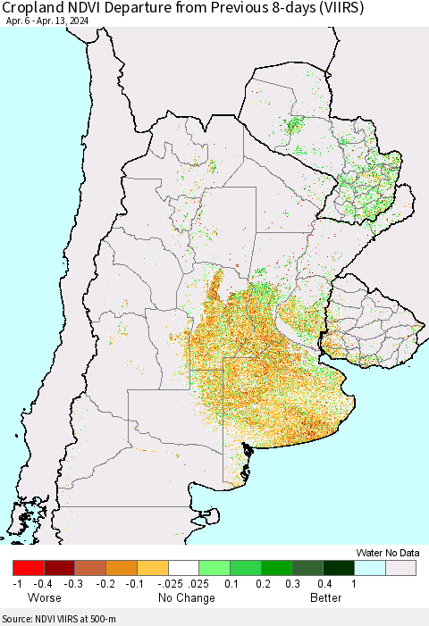 Southern South America Cropland NDVI Departure from Previous 8-days (VIIRS) Thematic Map For 4/6/2024 - 4/13/2024