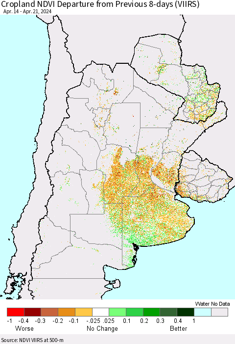 Southern South America Cropland NDVI Departure from Previous 8-days (VIIRS) Thematic Map For 4/14/2024 - 4/21/2024