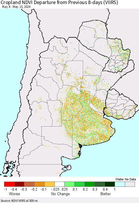 Southern South America Cropland NDVI Departure from Previous 8-days (VIIRS) Thematic Map For 5/8/2024 - 5/15/2024