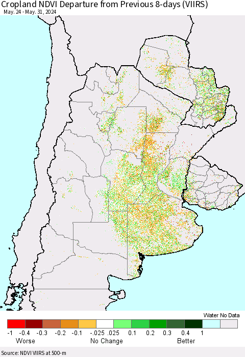 Southern South America Cropland NDVI Departure from Previous 8-days (VIIRS) Thematic Map For 5/24/2024 - 5/31/2024