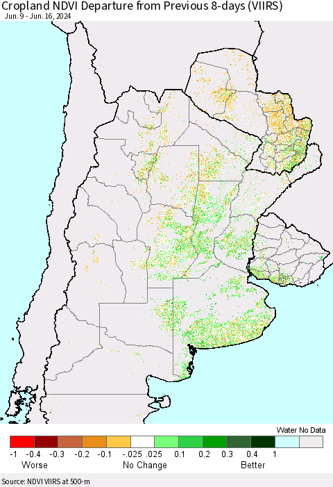 Southern South America Cropland NDVI Departure from Previous 8-days (VIIRS) Thematic Map For 6/9/2024 - 6/16/2024
