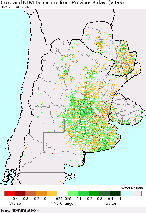 Southern South America Cropland NDVI Departure from Previous 8-days (VIIRS) Thematic Map For 12/26/2024 - 1/2/2025