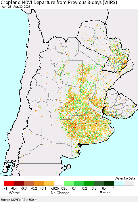 Southern South America Cropland NDVI Departure from Previous 8-days (VIIRS) Thematic Map For 4/23/2025 - 4/30/2025