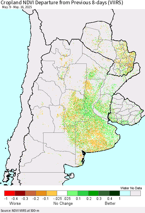 Southern South America Cropland NDVI Departure from Previous 8-days (VIIRS) Thematic Map For 5/9/2025 - 5/16/2025