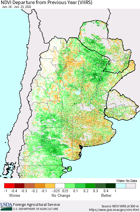 Southern South America NDVI Departure from Previous Year (VIIRS) Thematic Map For 6/21/2021 - 6/30/2021