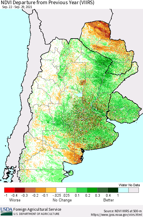 Southern South America NDVI Departure from Previous Year (VIIRS) Thematic Map For 9/21/2021 - 9/30/2021