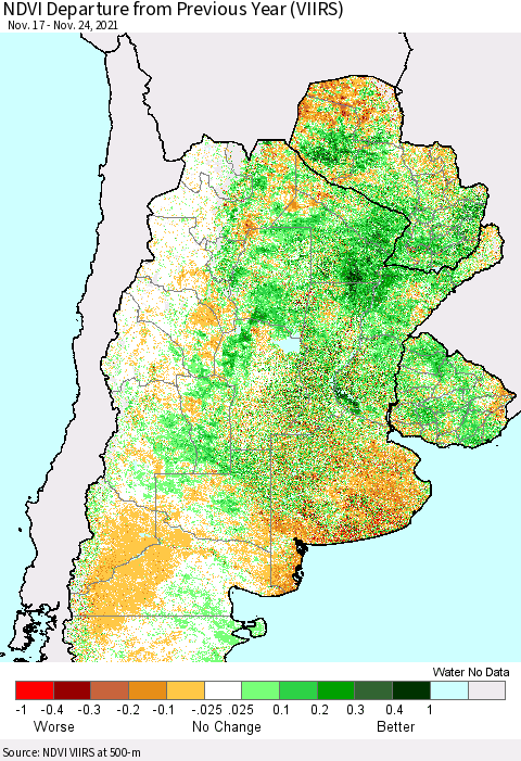 Southern South America NDVI Departure from Previous Year (VIIRS) Thematic Map For 11/17/2021 - 11/24/2021