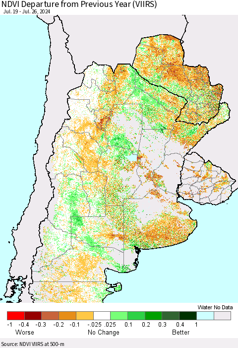 Southern South America NDVI Departure from Previous Year (VIIRS) Thematic Map For 7/19/2024 - 7/26/2024