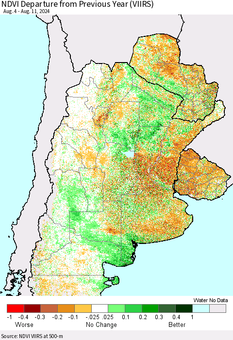 Southern South America NDVI Departure from Previous Year (VIIRS) Thematic Map For 8/4/2024 - 8/11/2024