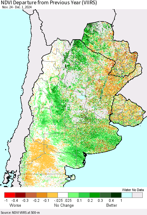 Southern South America NDVI Departure from Previous Year (VIIRS) Thematic Map For 11/24/2024 - 12/1/2024