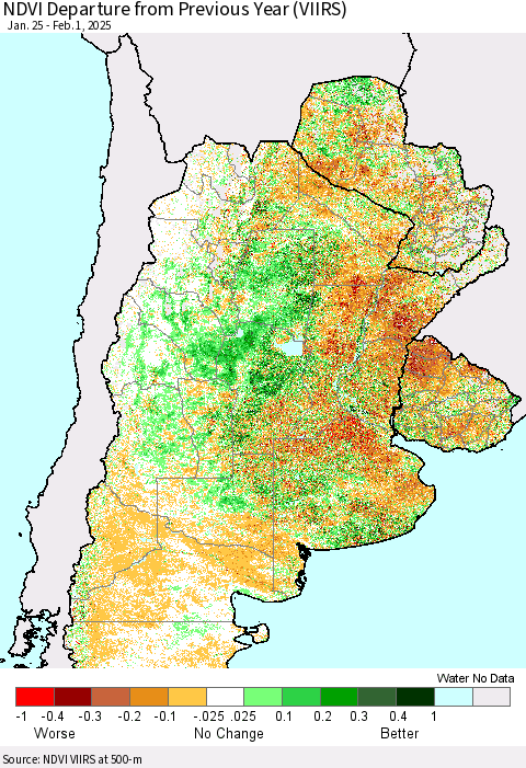 Southern South America NDVI Departure from Previous Year (VIIRS) Thematic Map For 1/25/2025 - 2/1/2025