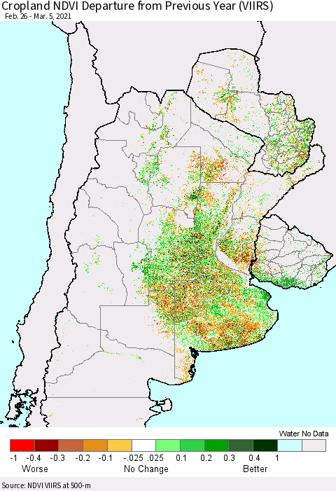 Southern South America Cropland NDVI Departure from Previous Year (VIIRS) Thematic Map For 2/26/2021 - 3/5/2021