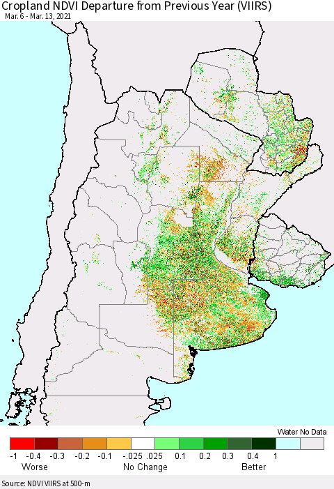 Southern South America Cropland NDVI Departure from Previous Year (VIIRS) Thematic Map For 3/6/2021 - 3/13/2021