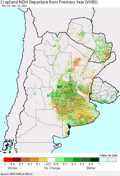Southern South America Cropland NDVI Departure from Previous Year (VIIRS) Thematic Map For 3/14/2021 - 3/21/2021