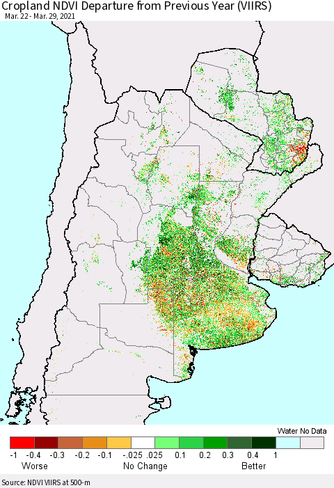 Southern South America Cropland NDVI Departure from Previous Year (VIIRS) Thematic Map For 3/22/2021 - 3/29/2021