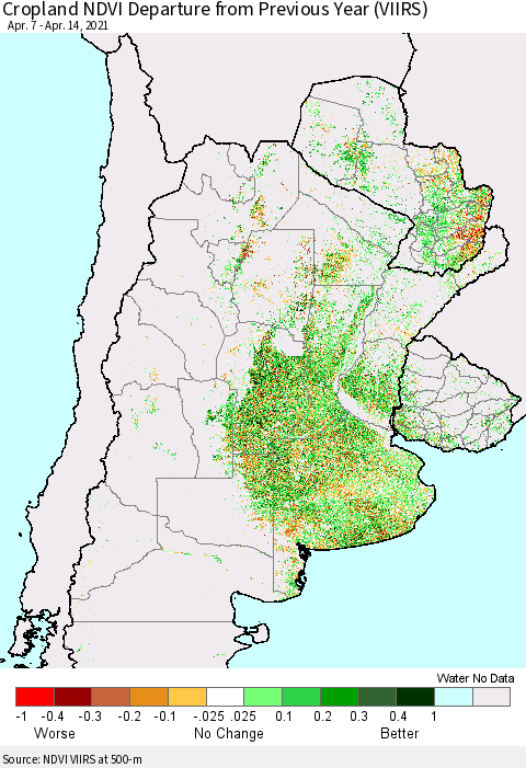 Southern South America Cropland NDVI Departure from Previous Year (VIIRS) Thematic Map For 4/7/2021 - 4/14/2021