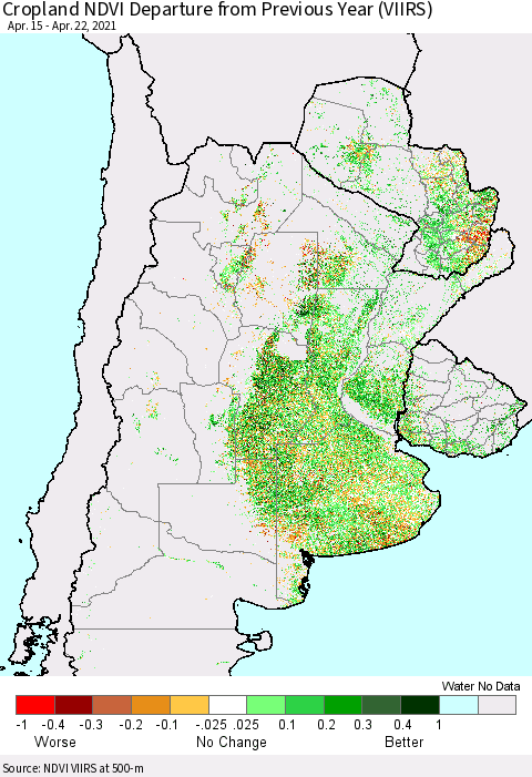 Southern South America Cropland NDVI Departure from Previous Year (VIIRS) Thematic Map For 4/15/2021 - 4/22/2021