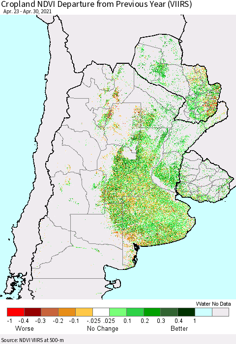 Southern South America Cropland NDVI Departure from Previous Year (VIIRS) Thematic Map For 4/23/2021 - 4/30/2021