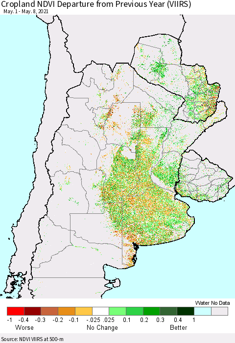 Southern South America Cropland NDVI Departure from Previous Year (VIIRS) Thematic Map For 5/1/2021 - 5/8/2021